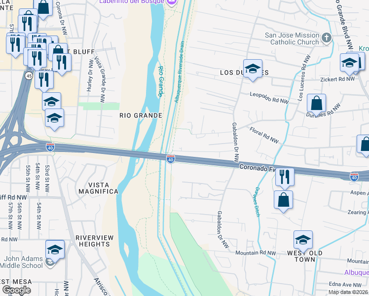 map of restaurants, bars, coffee shops, grocery stores, and more near 3401 Duranes Road Northwest in Albuquerque