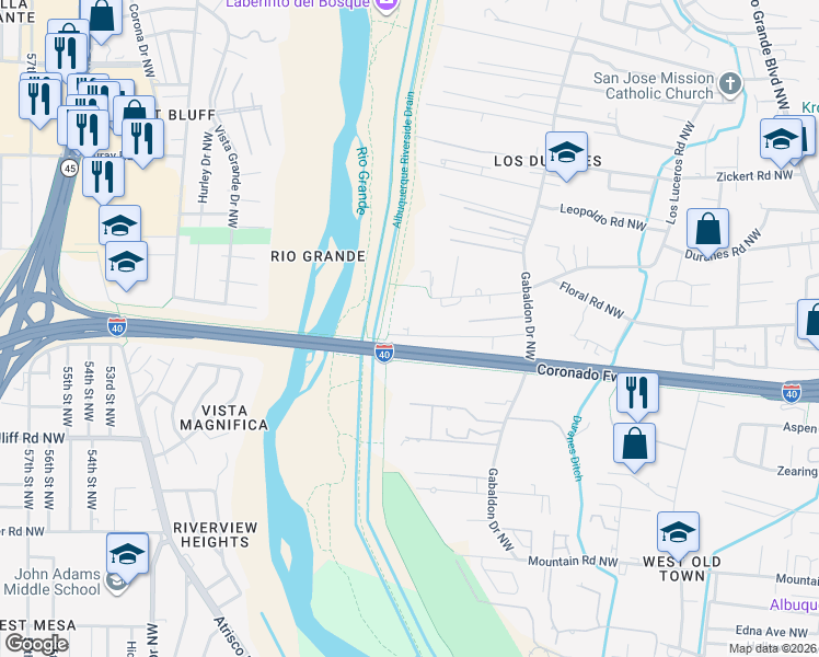 map of restaurants, bars, coffee shops, grocery stores, and more near 3401 Duranes Road Northwest in Albuquerque