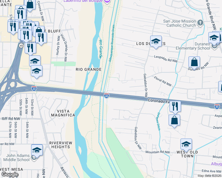 map of restaurants, bars, coffee shops, grocery stores, and more near 3401 Duranes Road Northwest in Albuquerque