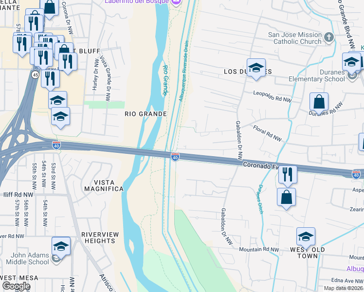map of restaurants, bars, coffee shops, grocery stores, and more near 3401 Duranes Road Northwest in Albuquerque