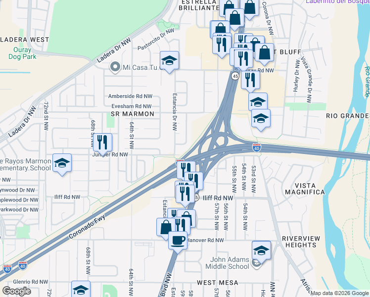 map of restaurants, bars, coffee shops, grocery stores, and more near 5909 Camino de la Luna Northwest in Albuquerque