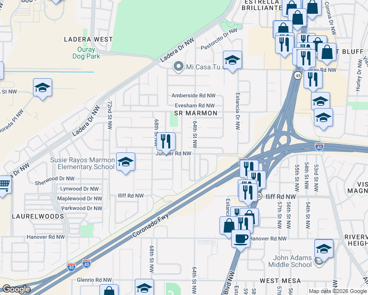 map of restaurants, bars, coffee shops, grocery stores, and more near 6400 Summer Ray Court Northwest in Albuquerque