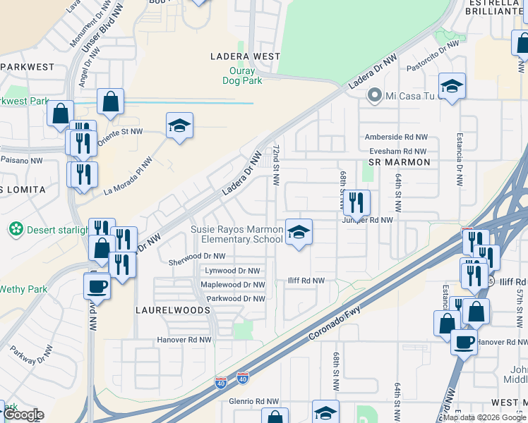 map of restaurants, bars, coffee shops, grocery stores, and more near 2100 Rosewood Avenue Northwest in Albuquerque
