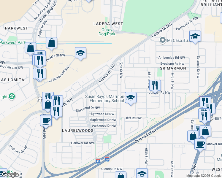 map of restaurants, bars, coffee shops, grocery stores, and more near 7316 Rosewood Court Northwest in Albuquerque