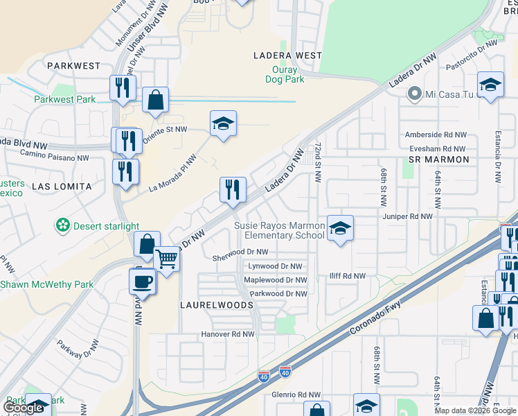 map of restaurants, bars, coffee shops, grocery stores, and more near 7515 Willow Wood Drive Northwest in Albuquerque