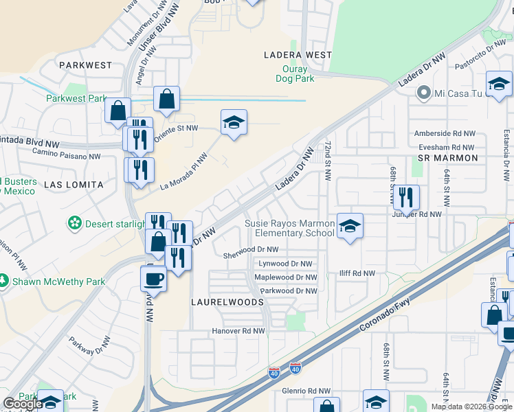 map of restaurants, bars, coffee shops, grocery stores, and more near 2016 Braveheart Drive Northwest in Albuquerque