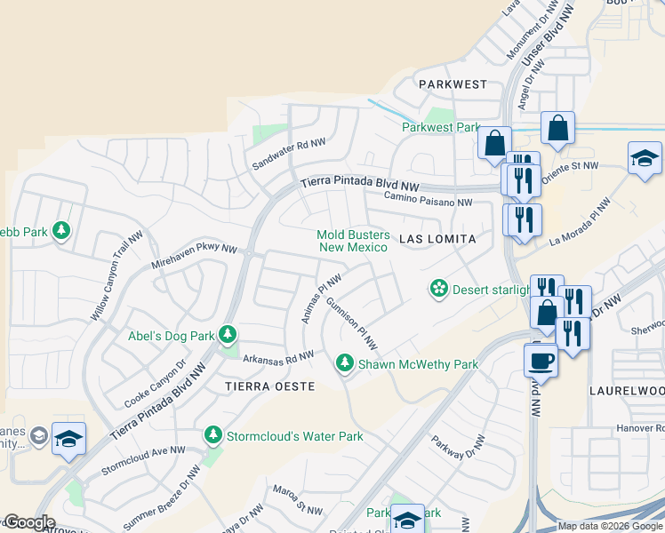 map of restaurants, bars, coffee shops, grocery stores, and more near 8639 Monsoon Road Northwest in Albuquerque