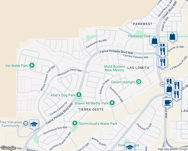 map of restaurants, bars, coffee shops, grocery stores, and more near 8805 Monsoon Road Northwest in Albuquerque