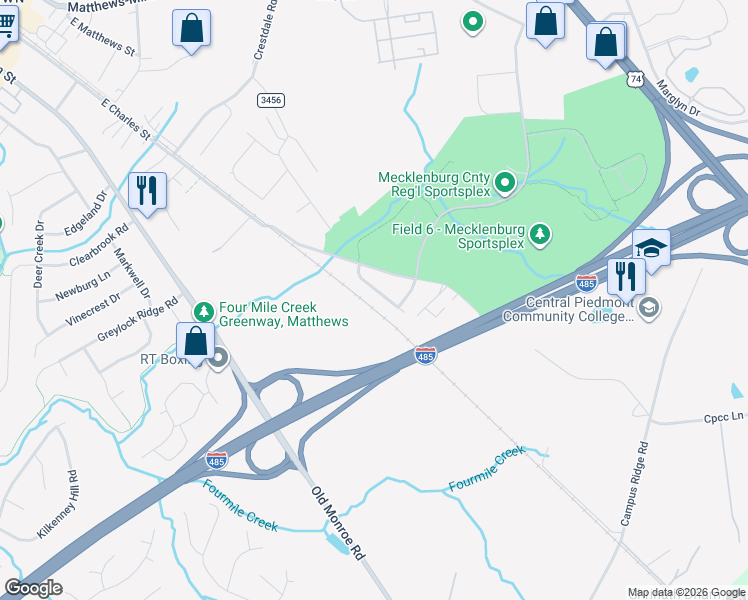 map of restaurants, bars, coffee shops, grocery stores, and more near in Matthews
