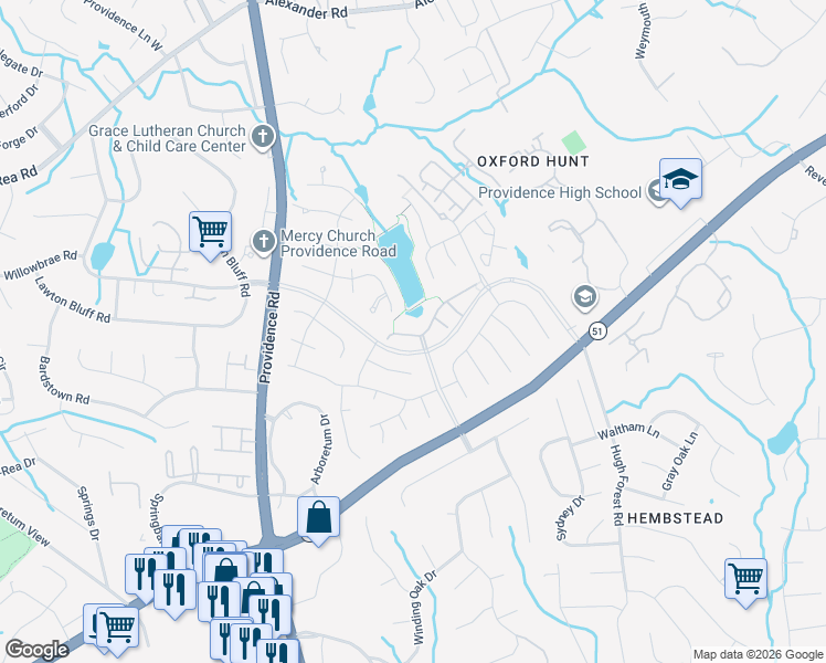map of restaurants, bars, coffee shops, grocery stores, and more near 7841 Compton Court in Charlotte