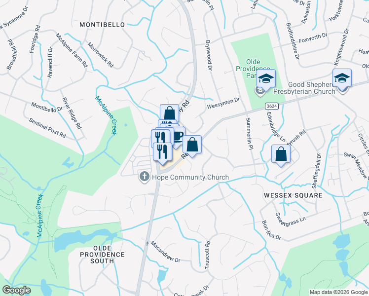map of restaurants, bars, coffee shops, grocery stores, and more near 7606 Stonecroft Park Drive in Charlotte