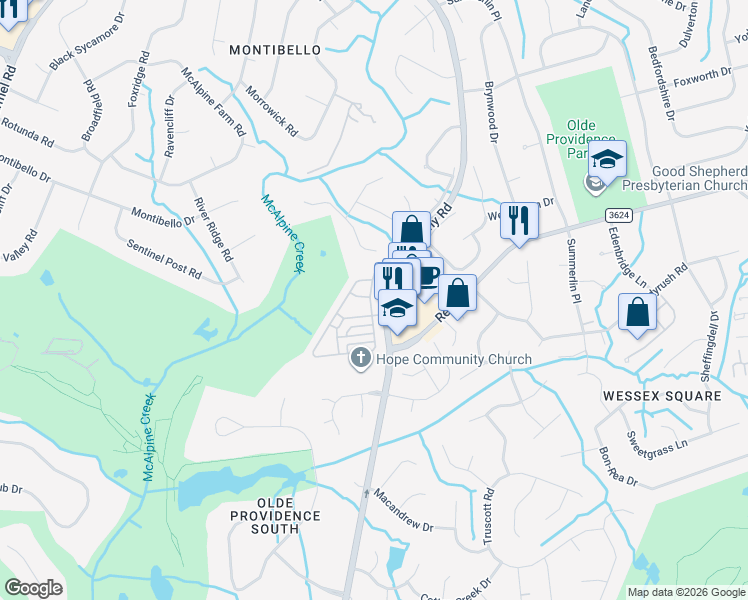 map of restaurants, bars, coffee shops, grocery stores, and more near 7705 Colony Road in Charlotte
