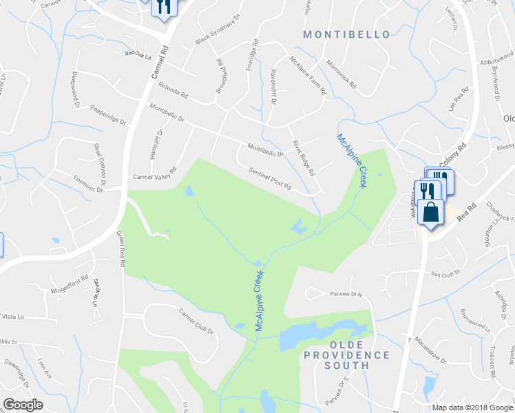 map of restaurants, bars, coffee shops, grocery stores, and more near 4842 Sentinel Post Road in Charlotte