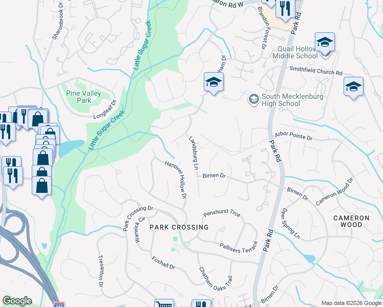 map of restaurants, bars, coffee shops, grocery stores, and more near 9024 Landsburg Lane in Charlotte