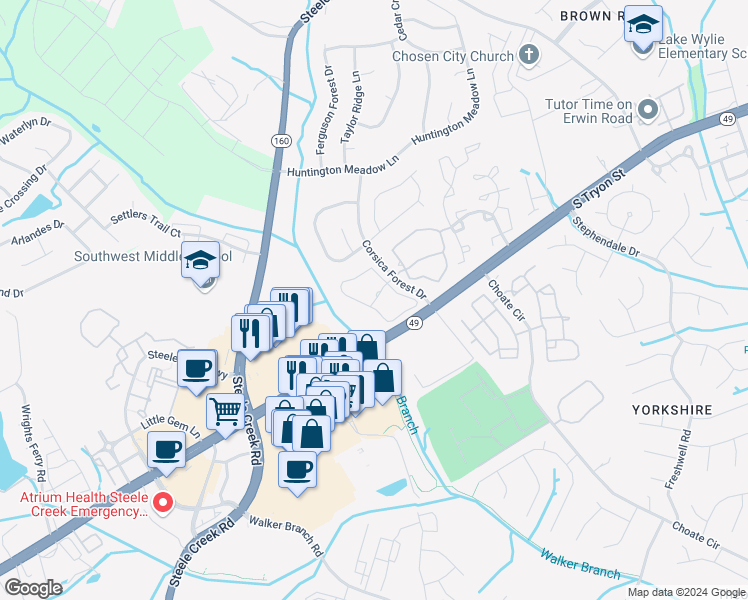 map of restaurants, bars, coffee shops, grocery stores, and more near 14025 Perugia Way in Charlotte