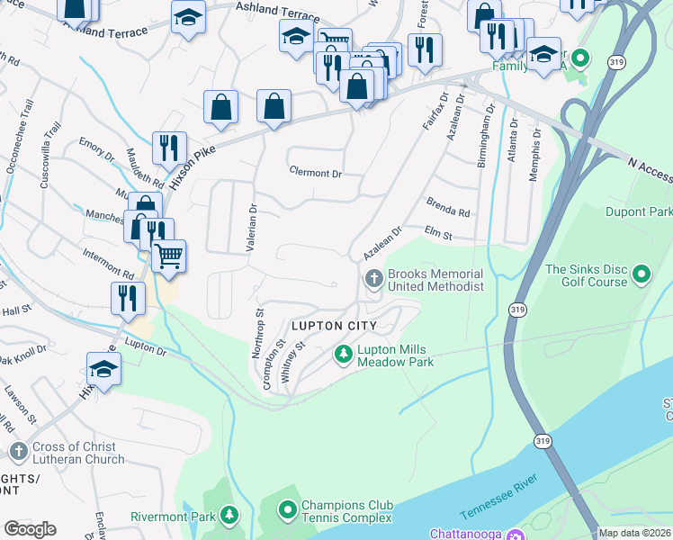 map of restaurants, bars, coffee shops, grocery stores, and more near 3803 Fairfax Drive in Chattanooga