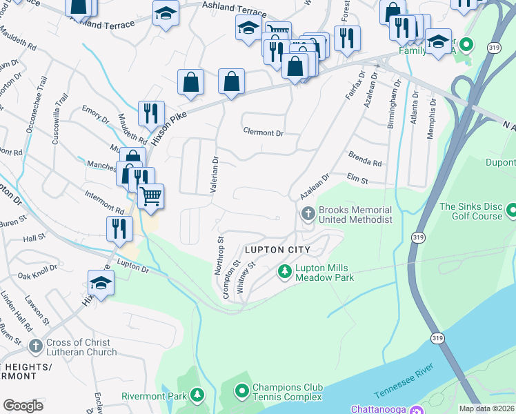 map of restaurants, bars, coffee shops, grocery stores, and more near 1243 Johnston Terrace in Chattanooga
