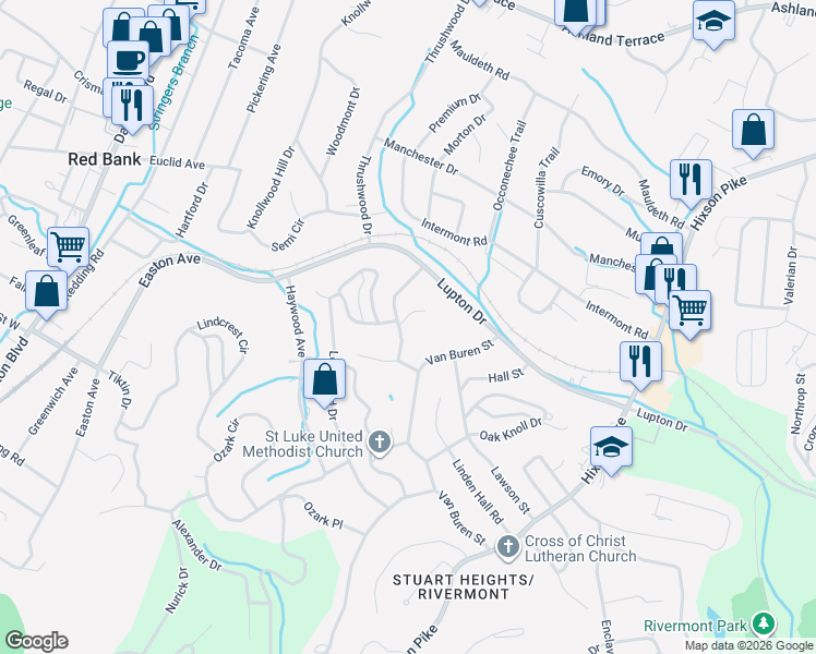 map of restaurants, bars, coffee shops, grocery stores, and more near 3505 Van Winkle Circle in Chattanooga