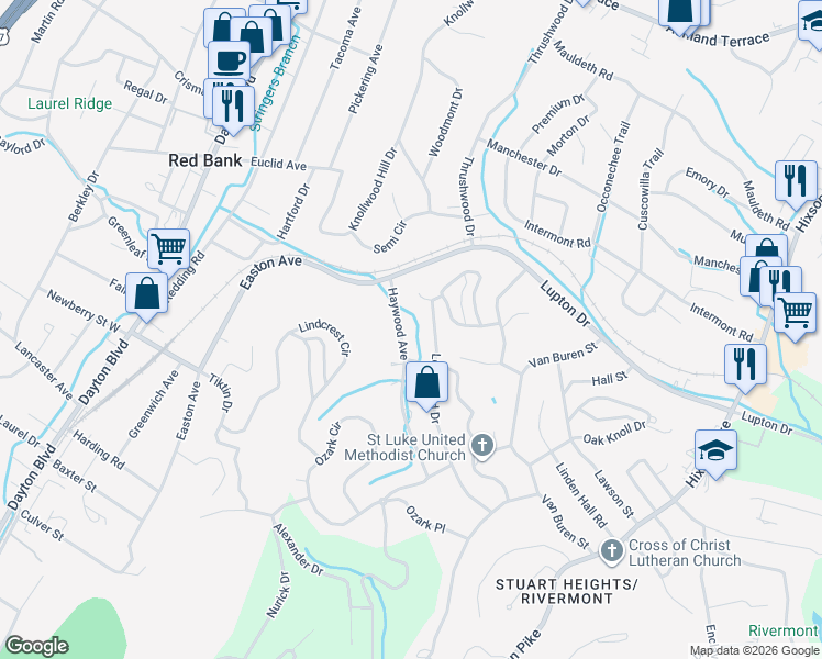 map of restaurants, bars, coffee shops, grocery stores, and more near 3323 Lockwood Drive in Chattanooga