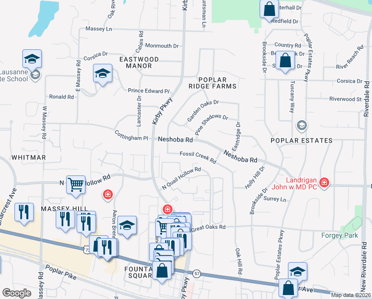 map of restaurants, bars, coffee shops, grocery stores, and more near 6717 Neshoba Road in Memphis