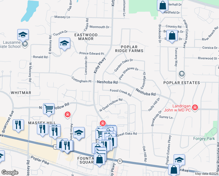 map of restaurants, bars, coffee shops, grocery stores, and more near 6717 Neshoba Road in Memphis