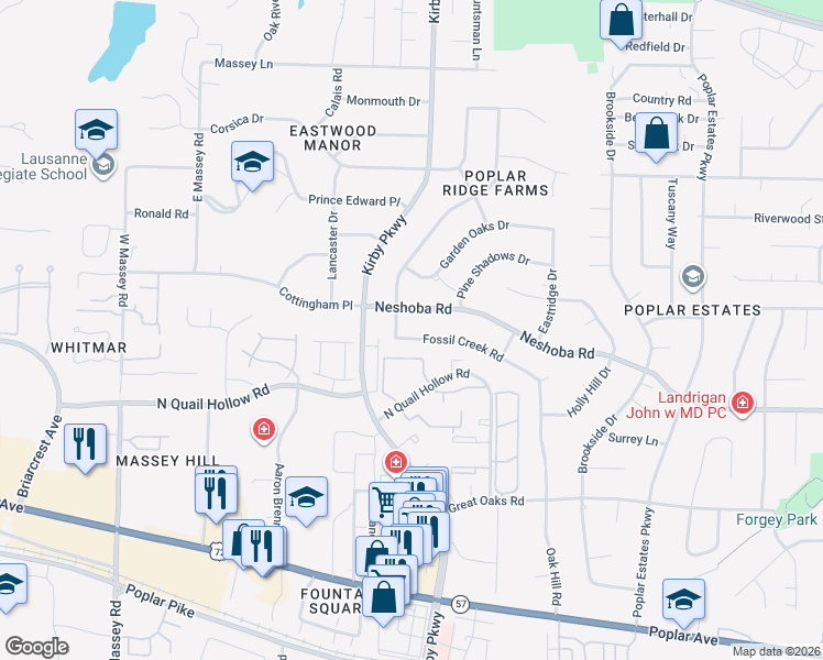 map of restaurants, bars, coffee shops, grocery stores, and more near 6677 Neshoba Road in Memphis