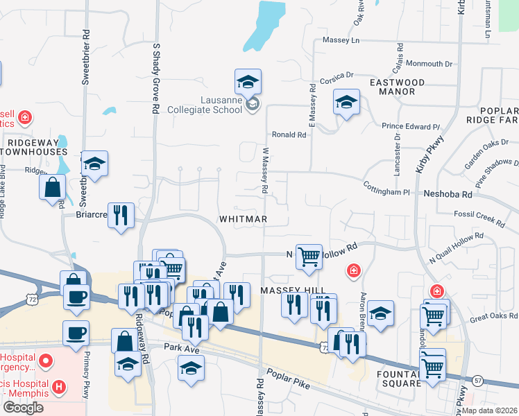 map of restaurants, bars, coffee shops, grocery stores, and more near 6359 Massey Manor Lane West in Memphis
