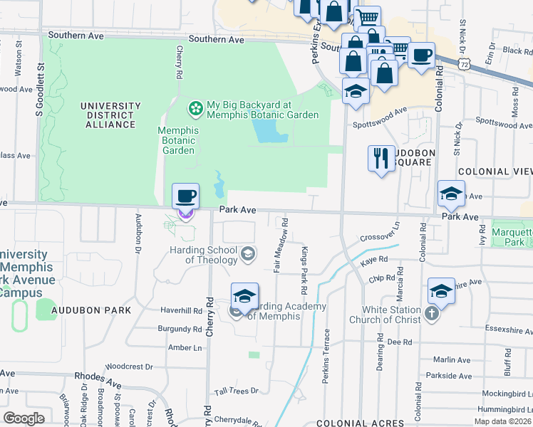 map of restaurants, bars, coffee shops, grocery stores, and more near 4474 Park Avenue in Memphis