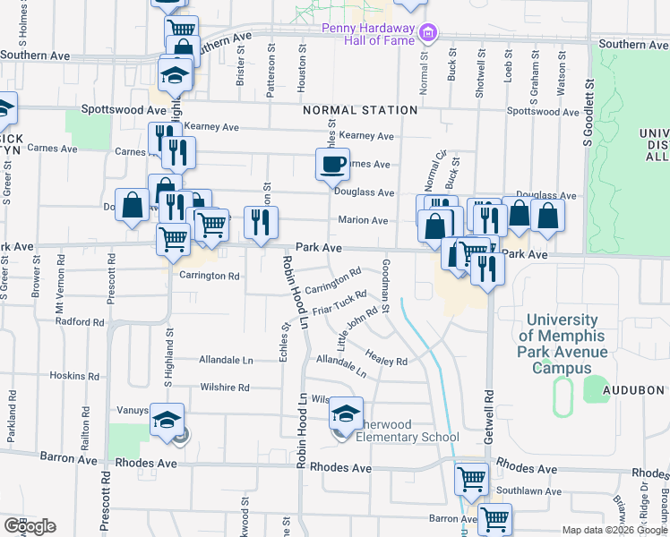 map of restaurants, bars, coffee shops, grocery stores, and more near in Memphis