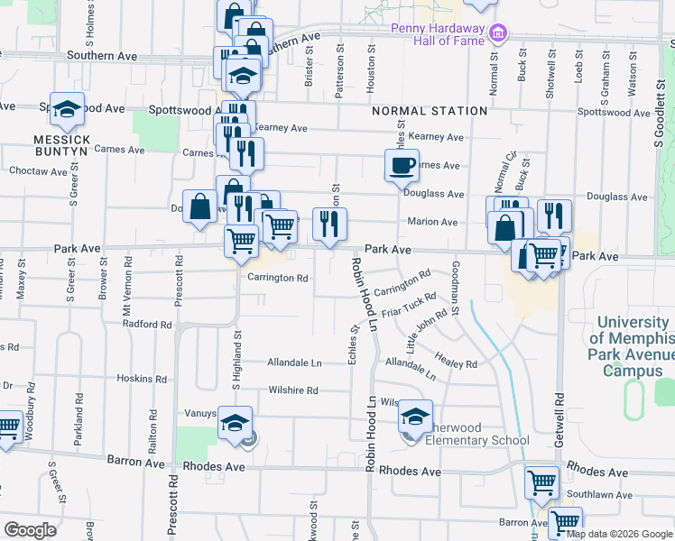 map of restaurants, bars, coffee shops, grocery stores, and more near 3635 Park Avenue in Memphis