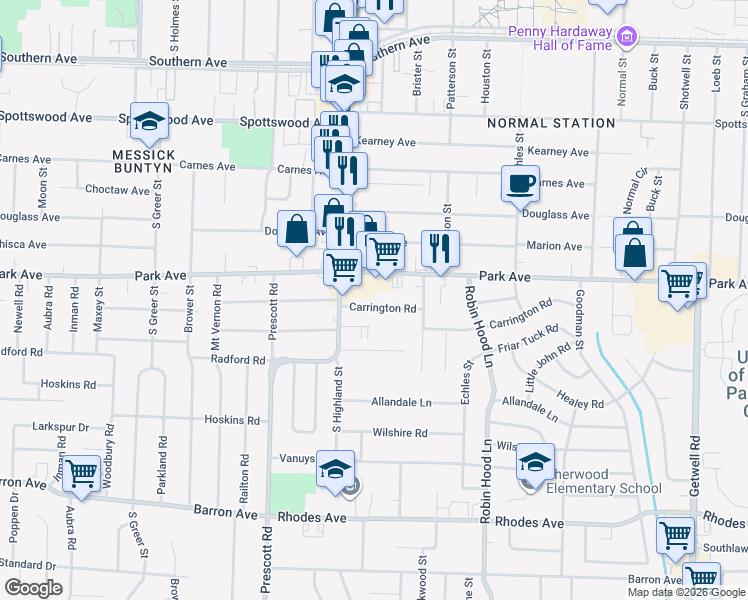 map of restaurants, bars, coffee shops, grocery stores, and more near 3545 Park Avenue in Memphis