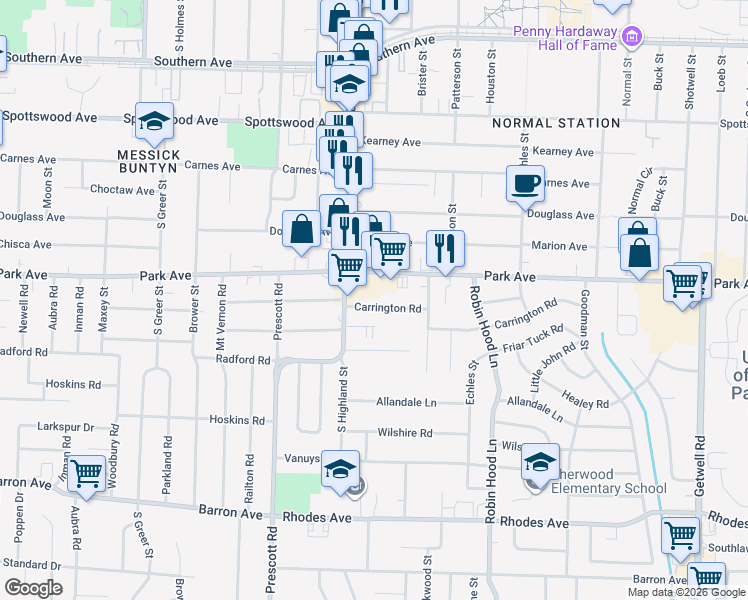 map of restaurants, bars, coffee shops, grocery stores, and more near 3545 Park Avenue in Memphis
