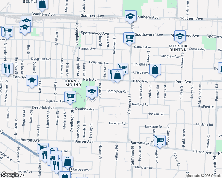 map of restaurants, bars, coffee shops, grocery stores, and more near 2963 Park Avenue in Memphis