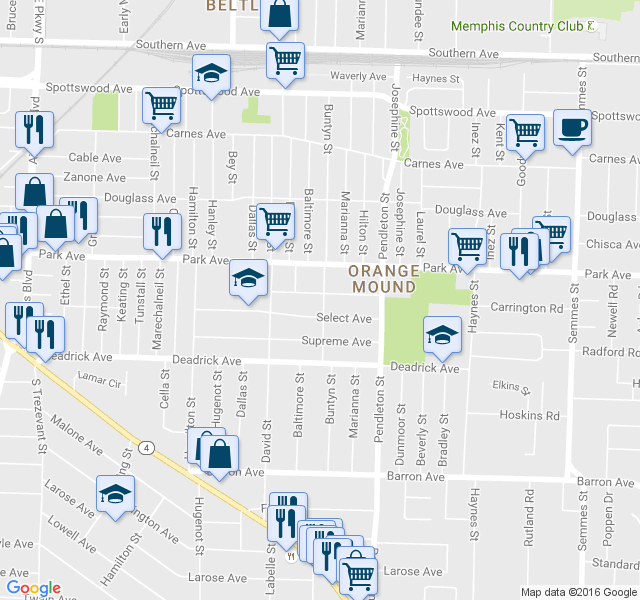 map of restaurants, bars, coffee shops, grocery stores, and more near 980 Boston Street in Memphis