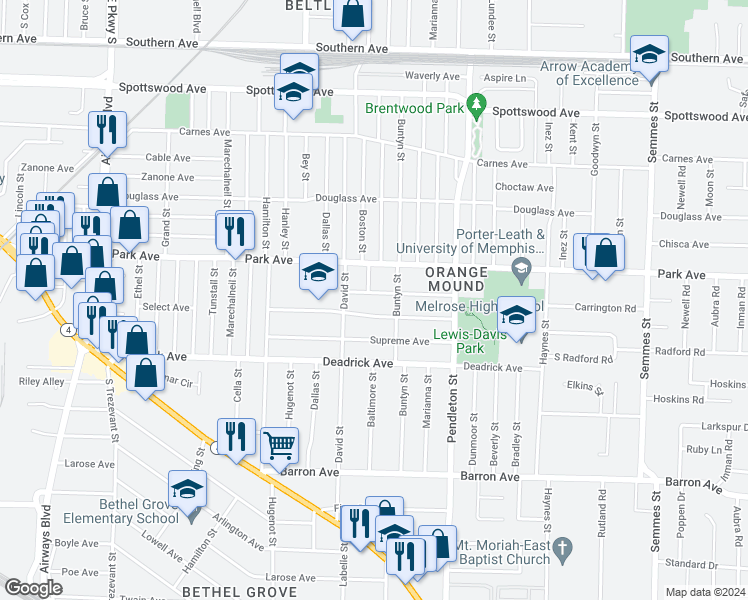 map of restaurants, bars, coffee shops, grocery stores, and more near 980 Boston Street in Memphis