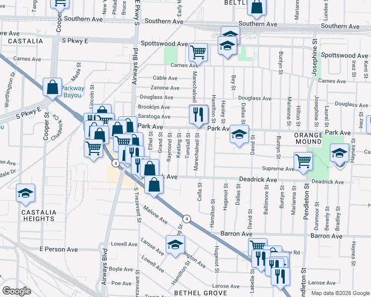 map of restaurants, bars, coffee shops, grocery stores, and more near 1010 Keating Street in Memphis