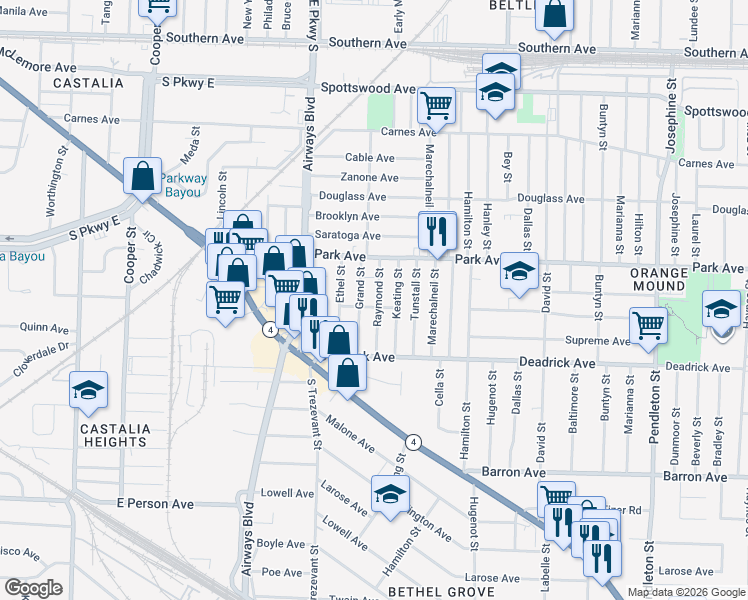 map of restaurants, bars, coffee shops, grocery stores, and more near 1029 Raymond Street in Memphis