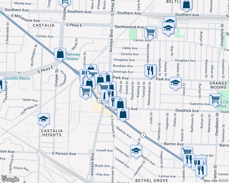 map of restaurants, bars, coffee shops, grocery stores, and more near 1017 Ethel Street in Memphis