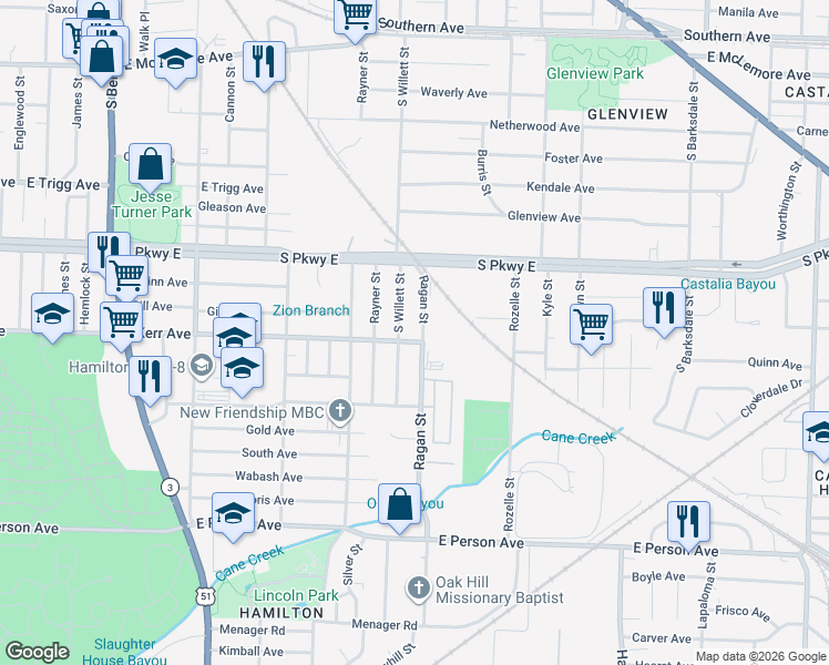 map of restaurants, bars, coffee shops, grocery stores, and more near 1416 South Willett Street in Memphis