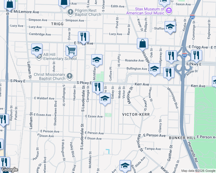 map of restaurants, bars, coffee shops, grocery stores, and more near 1448 South Orleans Street in Memphis