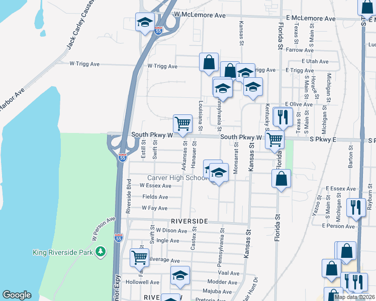 map of restaurants, bars, coffee shops, grocery stores, and more near 245 South Parkway West in Memphis