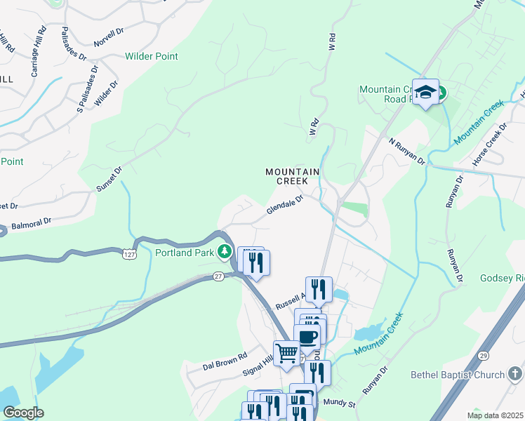 map of restaurants, bars, coffee shops, grocery stores, and more near 225 Glendale Drive in Chattanooga