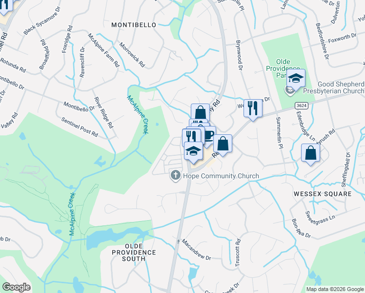 map of restaurants, bars, coffee shops, grocery stores, and more near 7705 Colony Road in Charlotte