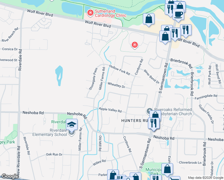 map of restaurants, bars, coffee shops, grocery stores, and more near 7565 Wheatley Drive in Germantown