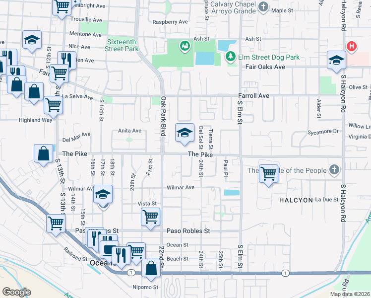 map of restaurants, bars, coffee shops, grocery stores, and more near 2101 The Pike in Oceano