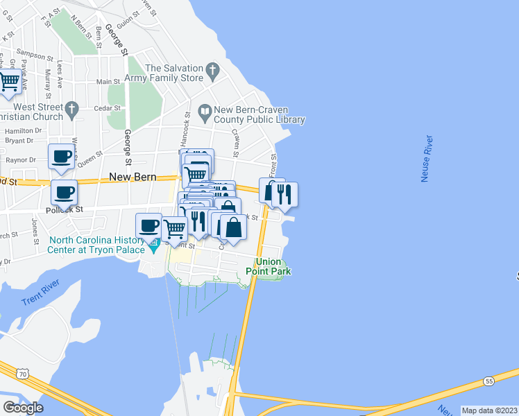 map of restaurants, bars, coffee shops, grocery stores, and more near 341 River Walk Drive in New Bern