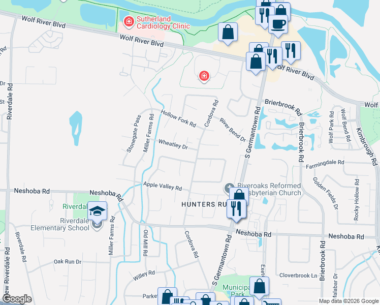 map of restaurants, bars, coffee shops, grocery stores, and more near 1531 Cordova Road in Germantown