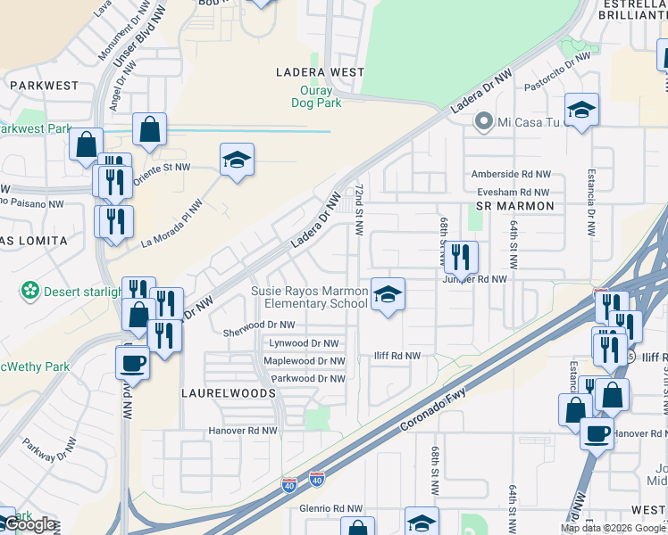 map of restaurants, bars, coffee shops, grocery stores, and more near 7316 Rosewood Court Northwest in Albuquerque