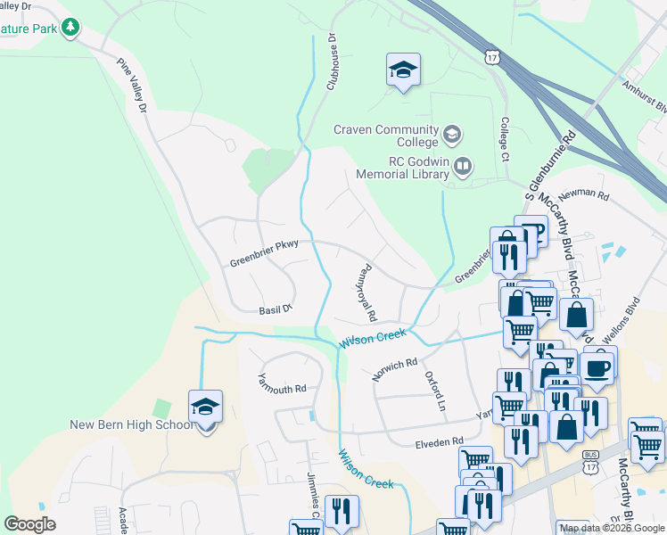 map of restaurants, bars, coffee shops, grocery stores, and more near 1700 Greenbrier Ct in New Bern