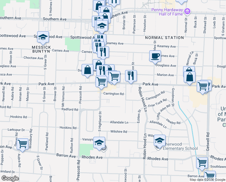 map of restaurants, bars, coffee shops, grocery stores, and more near 3545 Park Avenue in Memphis